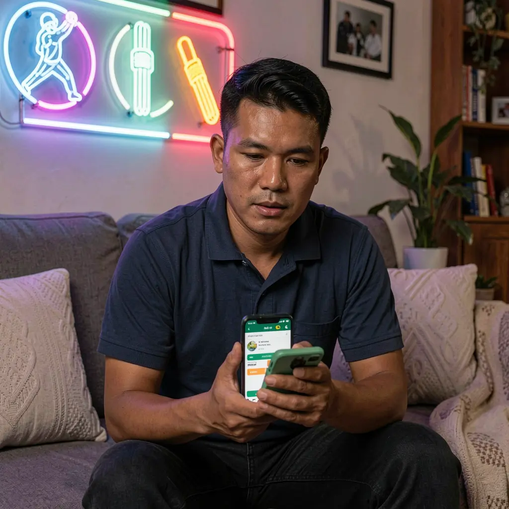Focused Filipino sports bettor using the 36PINAS app on his phone while watching glowing cricket icons in a modern living room