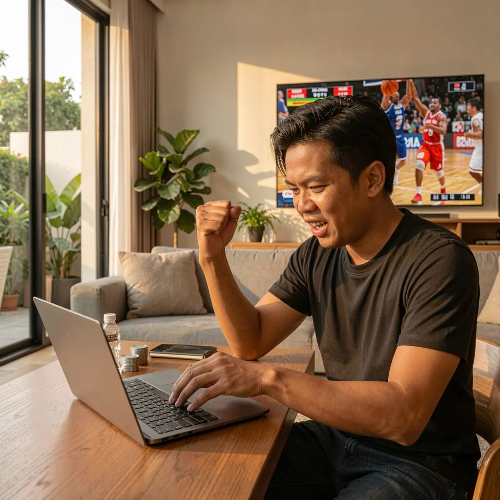 Excited Filipino bettor celebrating a winning moment while placing online sports bets on a laptop with 36PINAS during a live basketball game