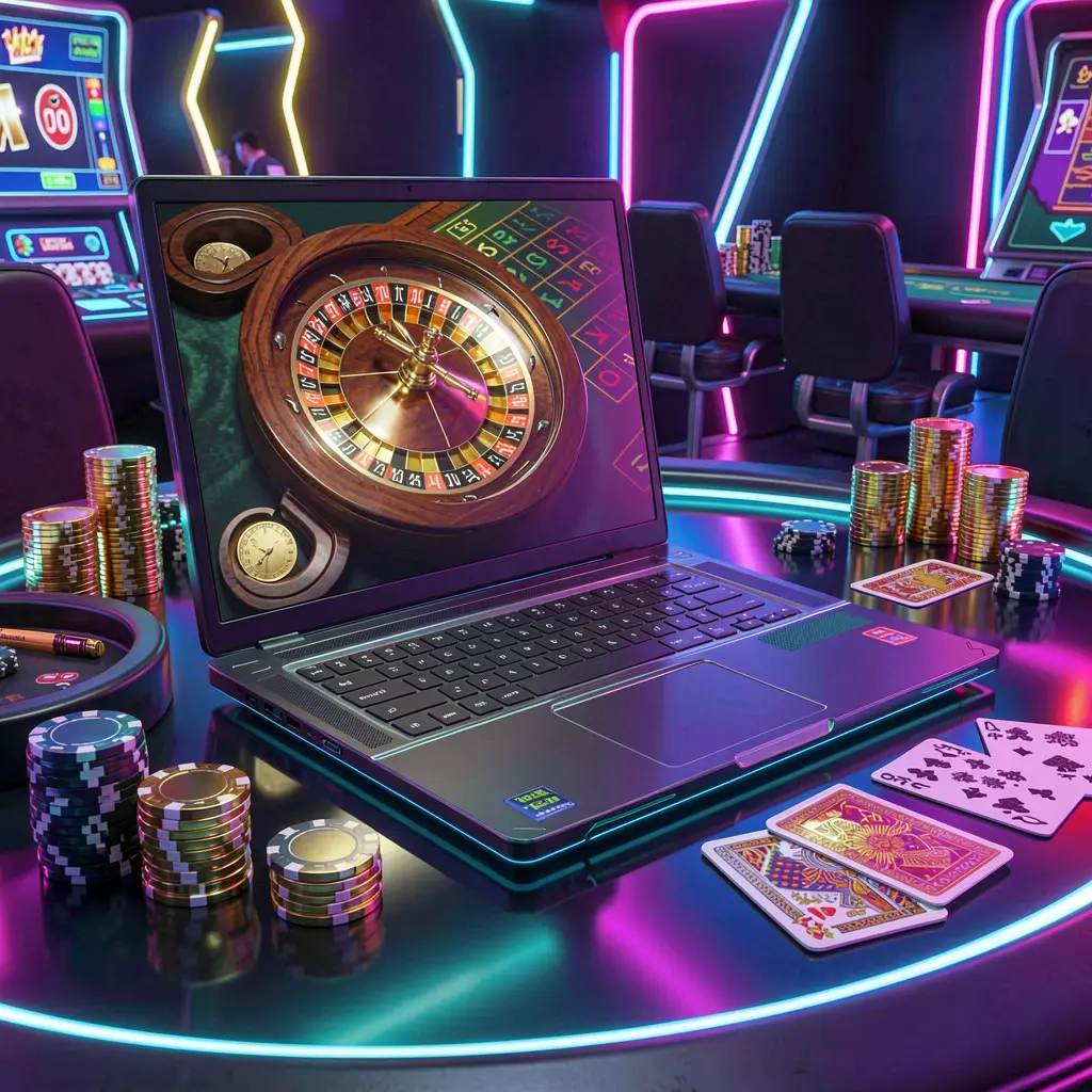 Sleek laptop with a vibrant roulette wheel on screen surrounded by golden coins and casino chips showcasing the immersive online casino atmosphere of 36PINAS in the Philippines