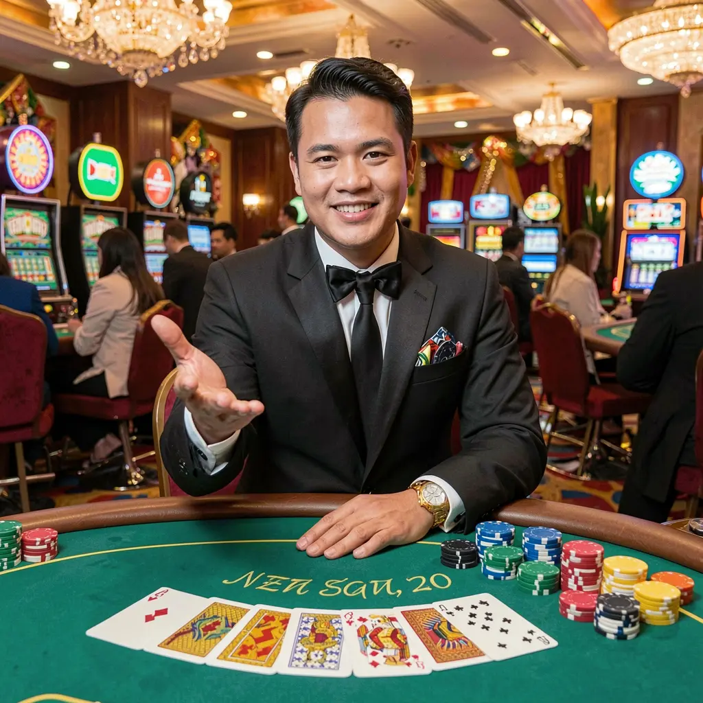 Welcoming casino dealer in a red vest inviting players to sign in at the 36PINAS online casino platform for users in the Philippines