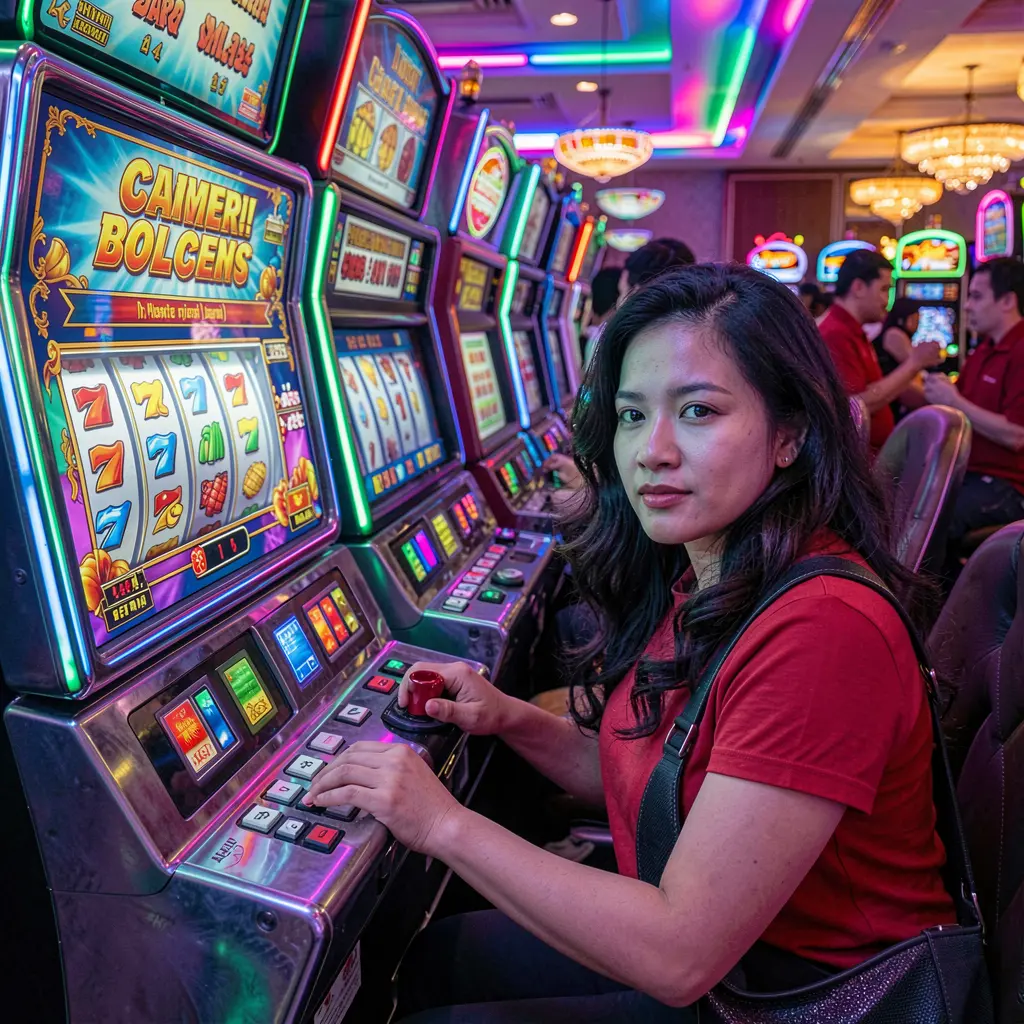 Focused Filipino player enjoying vibrant slot gameplay in a modern casino setting at 36PINAS with colorful lights and immersive atmosphere